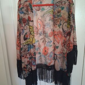 Floral Fringe Kimono Cardigan